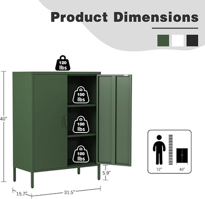 Bevivog Green Metal Locker Cabinet with 2 Doors, Metal Accent Cabinets with 2 Adjustable Shelves Home Office Storage Lockers Sideboard for Kitchen Living Room Hallway Entryway