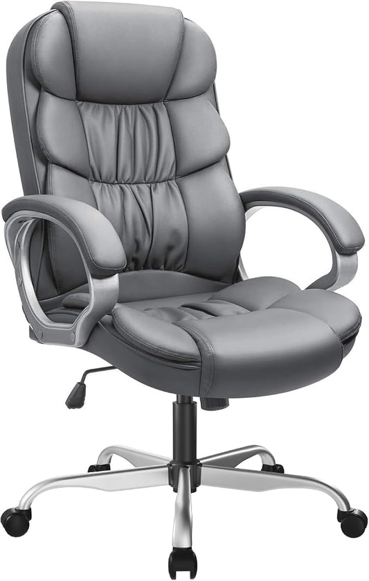 GUNJI Office Chair PU Leather High Back Executive Chair Ergonomic Computer Chair, Modern Adjustable Home Desk Chair Swivel Managerial Chair with Padded Armrests and Lumbar Support (Gray)