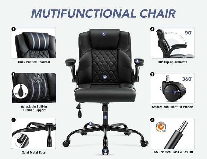 Office Chair with Adjustable Inflatable Lumbar Support,Leather Ergonomic Computer Desk Chair with Flip-up Arms,Adjustable Tilt Lock,Swivel Rolling Executive PC Chair for Work,Study,Meeting.Black