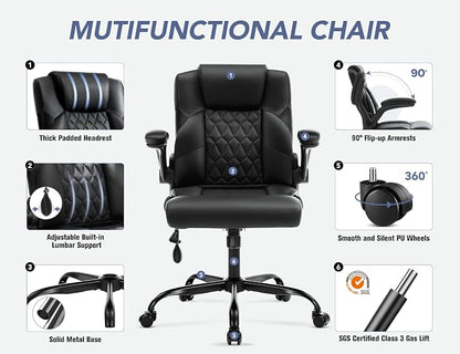 Office Chair with Adjustable Inflatable Lumbar Support,Leather Ergonomic Computer Desk Chair with Flip-up Arms,Adjustable Tilt Lock,Swivel Rolling Executive PC Chair for Work,Study,Meeting.Black