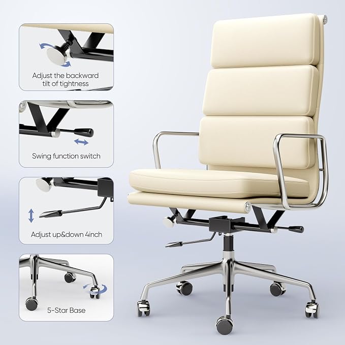High-Back Executive Genuine Leather Office Chair, with Aluminum Arms and 5-Star Base, Modern Rolling Desk Chair with Silent Wheels, Lumbar Support, High-Adjustable, Tilting for Home & Office
