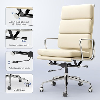 High-Back Executive Genuine Leather Office Chair, with Aluminum Arms and 5-Star Base, Modern Rolling Desk Chair with Silent Wheels, Lumbar Support, High-Adjustable, Tilting for Home & Office