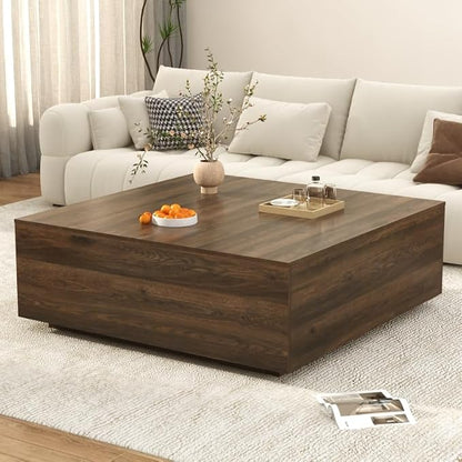 47 Inch Large Square Coffee Table with Storage,Modern Wooden Coffee Tables with 2 Drawers Storage for Living Room,Mid Century Tea Table/Aesthetic Coffee Table Center Table for Home Office(Walnut)