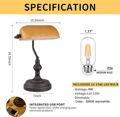Banker Desk Lamp Touch Control, Vintage Banker's Desk Lamp with USB-A Port, 3 Way Dimmable Desk Lamps, Farmhouse Library Lamp Oil Rubbed Bronze for Office, Study Room