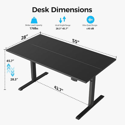 Agilestic Electric Standing Desk, 55 x 28 Inches Height Adjustable Desk, Sit Stand up for Work Office Home, Ergonomic Rising Computer Table with Memory Preset, Black