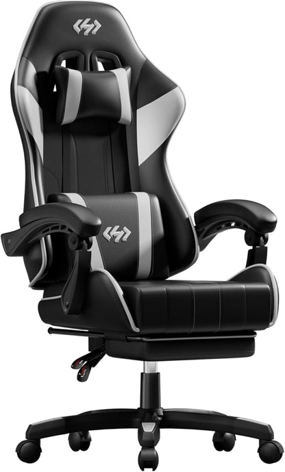 HLDIRECT Gaming Chair, Ergonomic Computer Office Chair with Lumbar Support Footrest Headrest, Adjustable Height & Backrest Angle Video Gamer Chair, PU Leather, 360° Swivel, Adult (Black&White)
