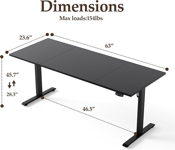 Klicelor 63 Inch Large Electric Standing Desk, Height Adjustable Office Desk, Sit Stand Up Computer Gaming Desk with Memory Preset, Three-Piece Desktop, Black