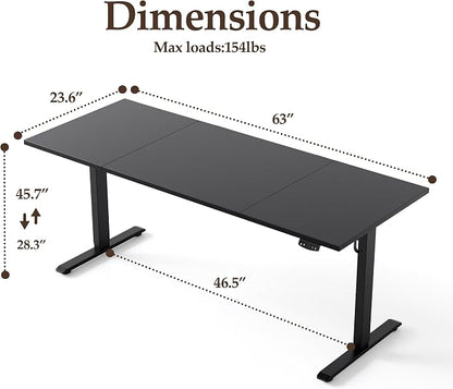 Klicelor 63 Inch Large Electric Standing Desk, Height Adjustable Office Desk, Sit Stand Up Computer Gaming Desk with Memory Preset, Three-Piece Desktop, Black