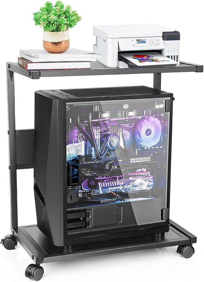 Bfttlity PC Stand Computer Tower Stand 2-Tier Metal CPU Holder with Locking Caster Wheels Suitable for Most PC (L, Black)
