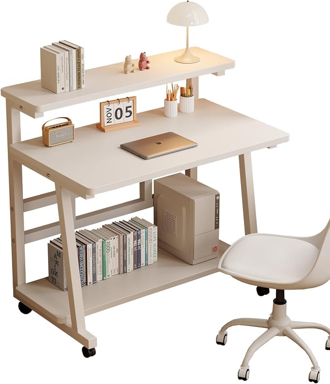39.4 Inch Rolling Computer Desk for Small Spaces, Monitor Stand & 3-Tier Storage with Lockable Wheels, Easy Assembly for Bedroom, Dorm & Apartment