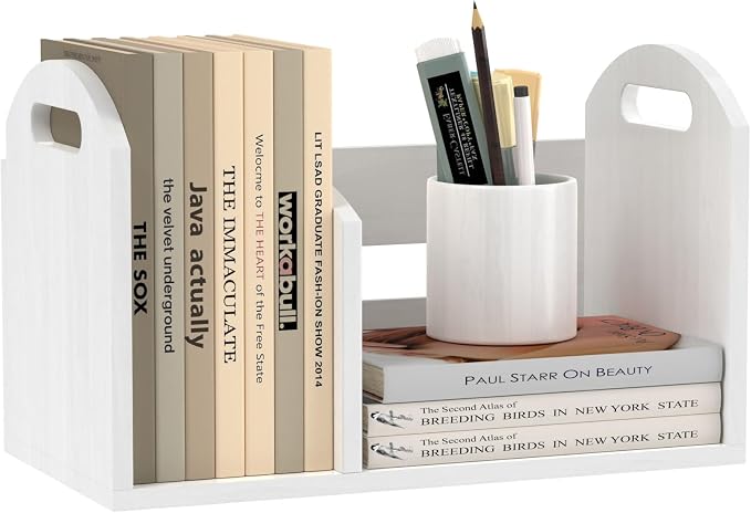 Wood Desktop Bookshelf, Upright Tabletop Book Shelf With Adjustable Divider Secure Books in Place, Desk Shelf for Top of Desk in Living Room Home Office, Perfect for Books Magazine File (White)