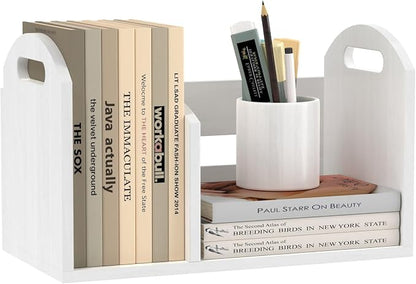 Wood Desktop Bookshelf, Upright Tabletop Book Shelf With Adjustable Divider Secure Books in Place, Desk Shelf for Top of Desk in Living Room Home Office, Perfect for Books Magazine File (White)