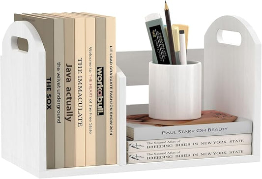 Wood Desktop Bookshelf, Upright Tabletop Book Shelf With Adjustable Divider Secure Books in Place, Desk Shelf for Top of Desk in Living Room Home Office, Perfect for Books Magazine File (White)