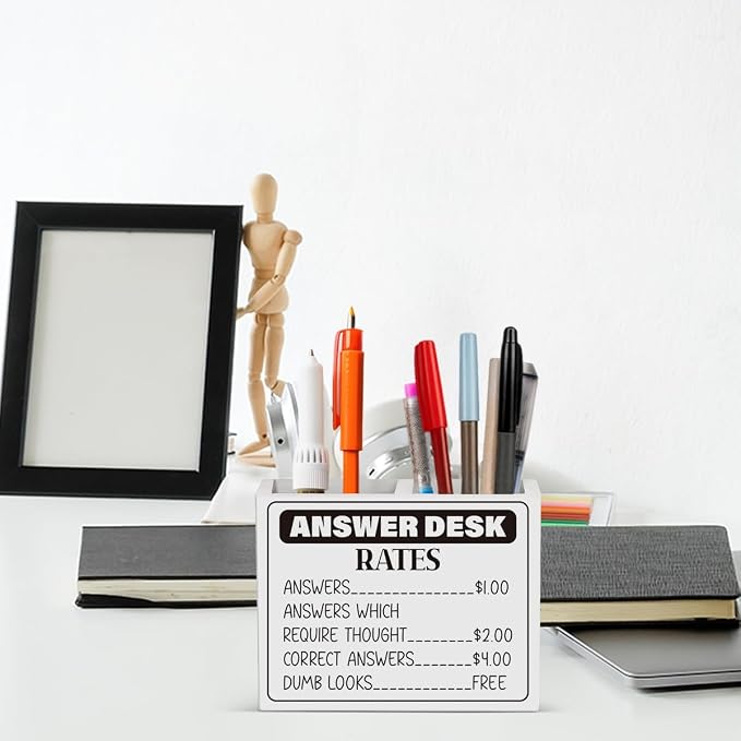 Funny Office Answer Desk Rates Pencil Holder Sign Funny Boss Gifts Office Room Decor for Women Men Teams Coworker Friend Wooden Pencil Holder Boss Day Gifts Desk Decor