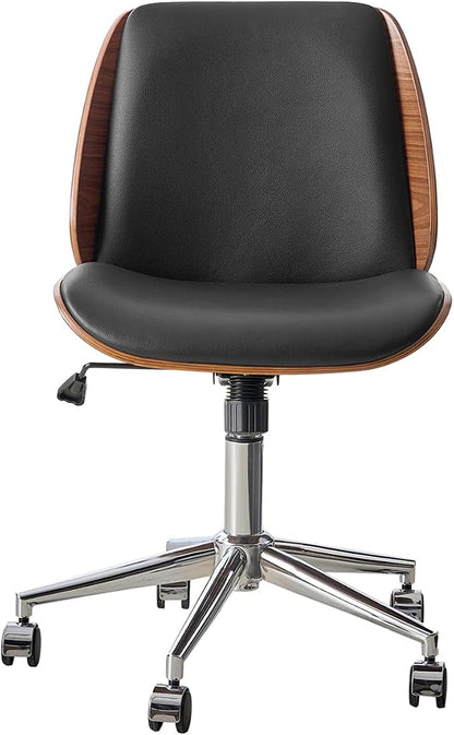 HULALA HOME Faux Leather Home Office Chair with Bent Wood Design & Rocking Tilt Function, Modern Swivel Desk Chair with Adjustable Height, Comfy Upholstered Armless Computer Task Chair, Black