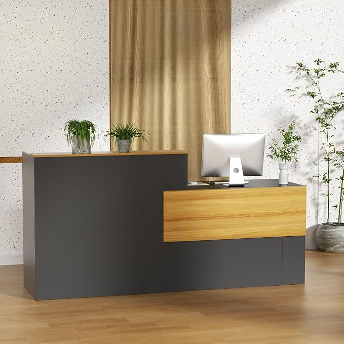 85.8 inches Reception Desk with Counter Modern Front Table Checkout Counter Table Retail Counter for Reception Room,Salon,Office,Store,Shop,Clinic,Lobbies,Retail,Home,Black and Natural