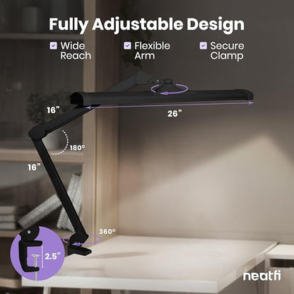 Neatfi 3,500 Lumens LED Desk Lamp – 45W Dimmable Task Light | Adjustable Color Temperature | 3 Light Modes | 540 SMD LEDs | Reading, Craft, Workbench & Office (Black-CCT, 26-Inch Wide Shade)