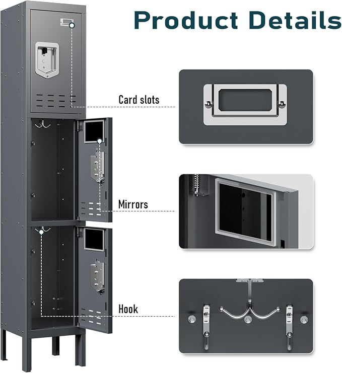BUTISOW Metal Lockers - 66" Height Steel Lockers for Employees with 3 Door Storage Locker with Card Slot for Employees Gym School Home Office Garage - Assembly Required