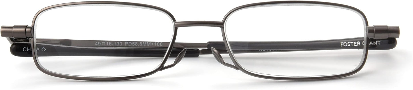 Foster Grant Gavin Fold Flat Rectangular Reading Glasses, Gunmetal/Transparent, 48 mm + 3