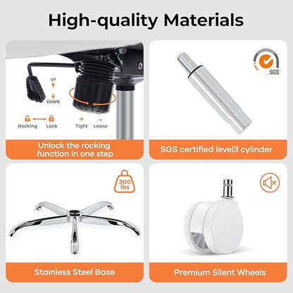 Office Chair Ergonomic Office Chair with Lumbar Support, Head Support, Rocking Function, Flip-up Armrests, Home Office Desk Chair, Suitable for Home, Office, White, 1 Pack