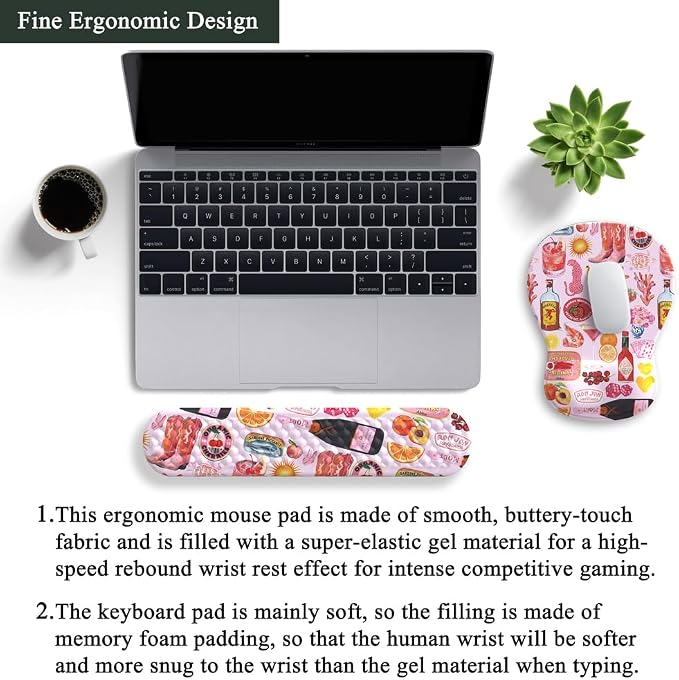 Cute Pink Mouse Pad and Keyboard with Wrist Rest Ergonomic Aesthetic Gaming Mouse Pads, Best Desk Decor Office Cute Pink Desk Accessories Mouse Pad with Wrist Rest, Vacation Style Soft Gel Material