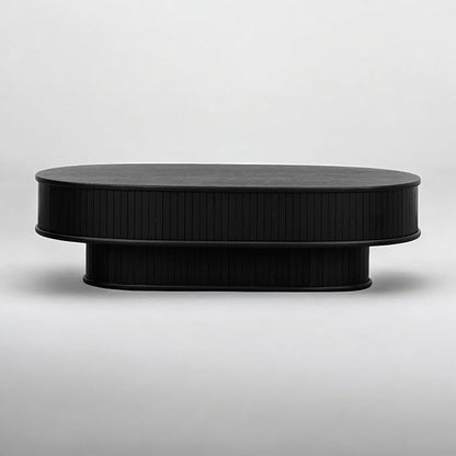 NTC Stream DOU Coffee Table, Modern Double-Layer Oval Wooden Center Table with Vertical Groove Design, Stylish Living Room Decor, Contemporary Minimalist Style, Easy Assembly - Burnt Black