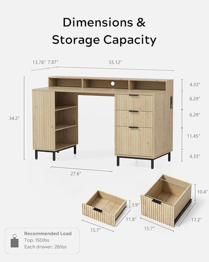 EYYTHUNG 55" Fluted Executive Desk with Charging Station, Modern Wood Home Office Desk with with Storage Shelf & File Drawer, Writing Study Computer Table for Work Study, Light Oak