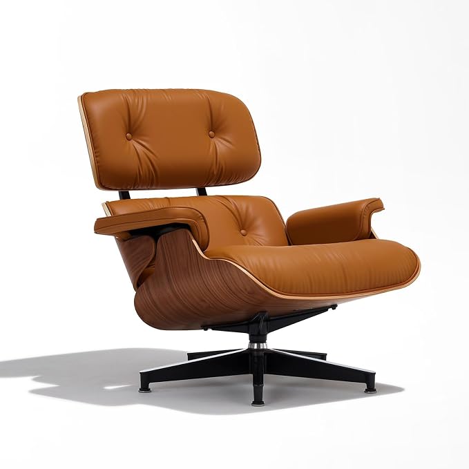 Mid Century Chaise Lounge Chair with Ottoman, Genuine Leather Reading Chair, Modern Chair Classic Design, Heavy Duty Base Support for Living Room Study Lounge Office,Tall Upgraded, Walnut Brown