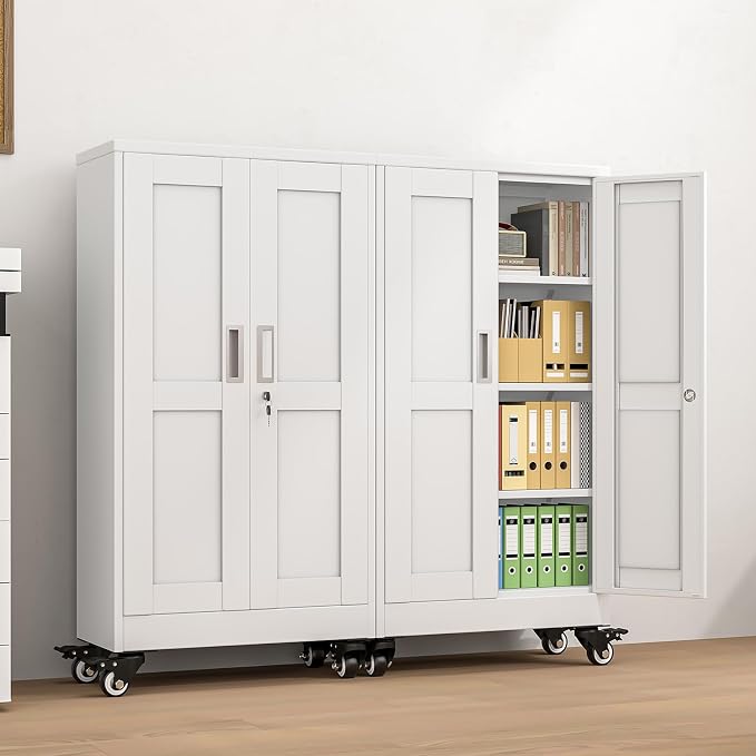 pozdeg 45.6" Metal Garage Storage Cabinets with Wheels, Lockable Rolling File Cabinets with 2 Doors and 3 Adjustable Shelves, Steel Tool Organizer Locker for Office Home Garage Gym School, White