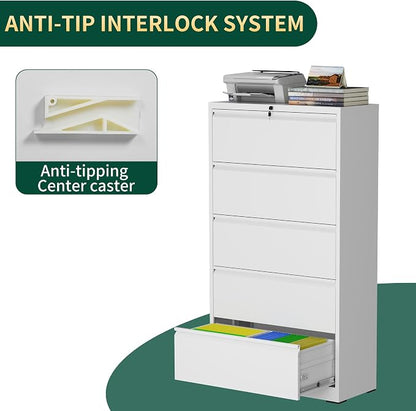 5 Drawer Lateral File Cabinet with Lock, Metal File Cabinets for Home Office, Steel Heavy-Duty Filing Storage Cabinet for Letters/Legal/A4 (Require Assembly, White)