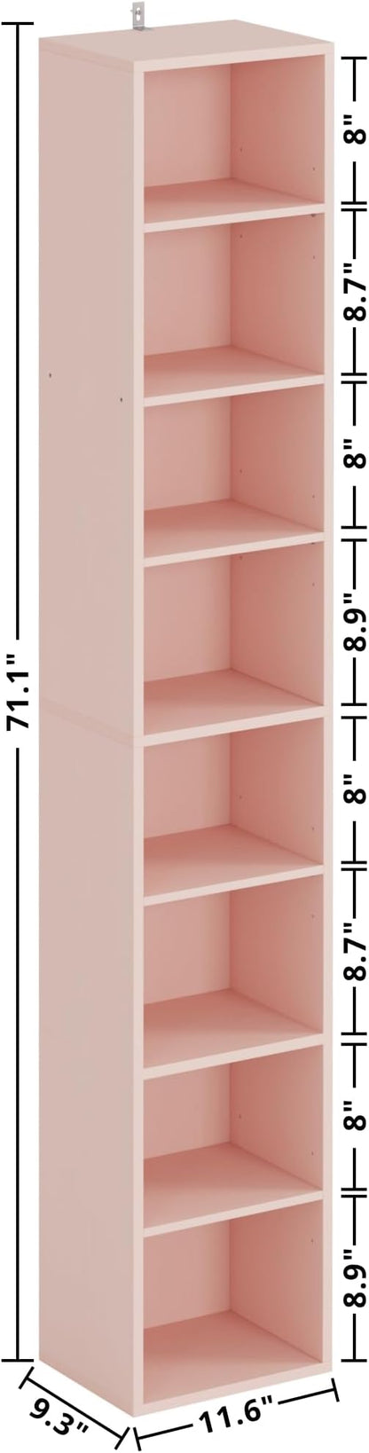 IRONCK Tall Narrow Bookshelf 8 Tiers, Compact Corner Bookcase, Floor Standing Display Storage Shelves 71 in Tall, Easy to Match for Living Room, Office, Study, Bedroom