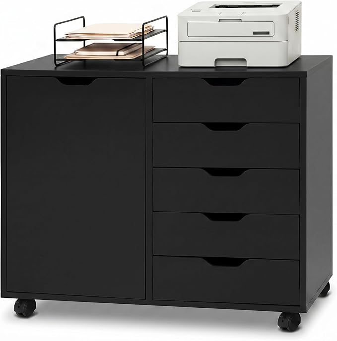 Giantex 5-Drawer File Cabinet with Wheels, Wooden Rolling Lateral Filing Cabinet with Door and Adjustable Shelf, Chest of Drawers, Mobile Printer Stand Organizer for Home Office (Black)