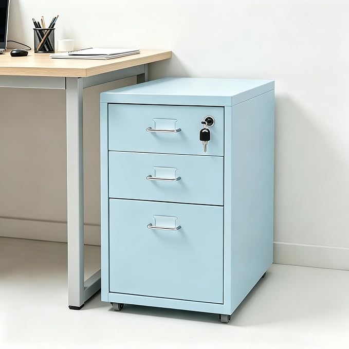 Mobile File Cabinet with 3 Drawers, Metal Filing Cabinet with Lock Vertical Storage Under Desk for Home Office Fits Legal Letter Document