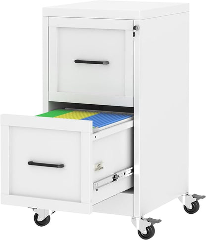 Small Metal 2-Drawer File Cabinet, Under Desk Office Cabinet, White | Rolling, Locking, Adjustable Hanging Rail, Fit A4, FC, Letter, Hanging File Folders for Home Office Storage Organization, 1PS