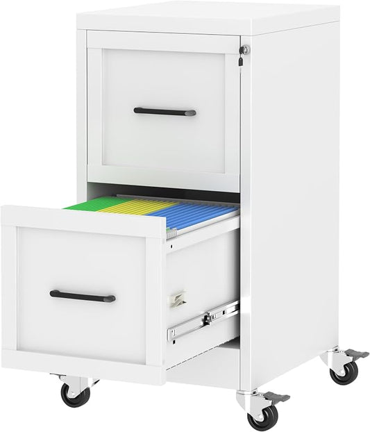 Small Metal 2-Drawer File Cabinet, Under Desk Office Cabinet, White | Rolling, Locking, Adjustable Hanging Rail, Fit A4, FC, Letter, Hanging File Folders for Home Office Storage Organization, 1PS
