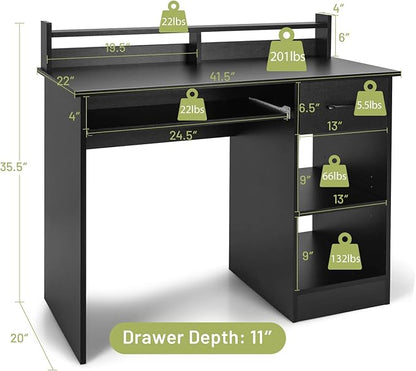 Tangkula Computer Desk with Drawer & Keyboard Tray, 22 Inch Wide Modern Study Writing Desk with Desktop Hutch & Storage Shelves, Home Office Desk for Kids, Wood PC Laptop Desk, Desk for Bedroom