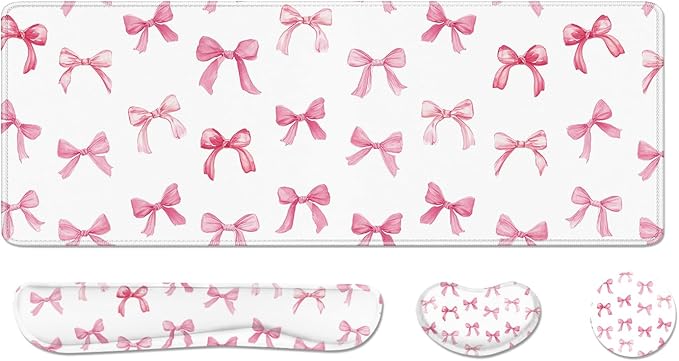 Desk Pad and Keyboard Wrist Rest, Large Mouse Pad + Keyboard Pad+Mouse Wrist Support, Non-Slip Desk Mat Protector for Office, Home 31.5×11.8 Inches Pink Bow