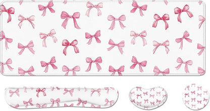 Desk Pad and Keyboard Wrist Rest, Large Mouse Pad + Keyboard Pad+Mouse Wrist Support, Non-Slip Desk Mat Protector for Office, Home 31.5×11.8 Inches Pink Bow