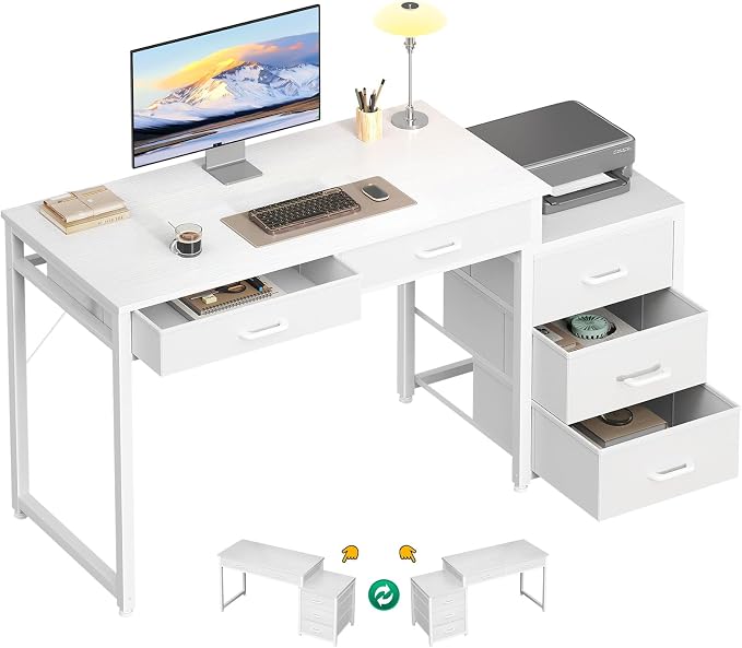 ODK Computer Desk with 5 Drawers, 53 Inch Office Desk with Printer Shelf, Reversible Vanity Desk for Home Bedroom, Writing Table Desk for Storage, White