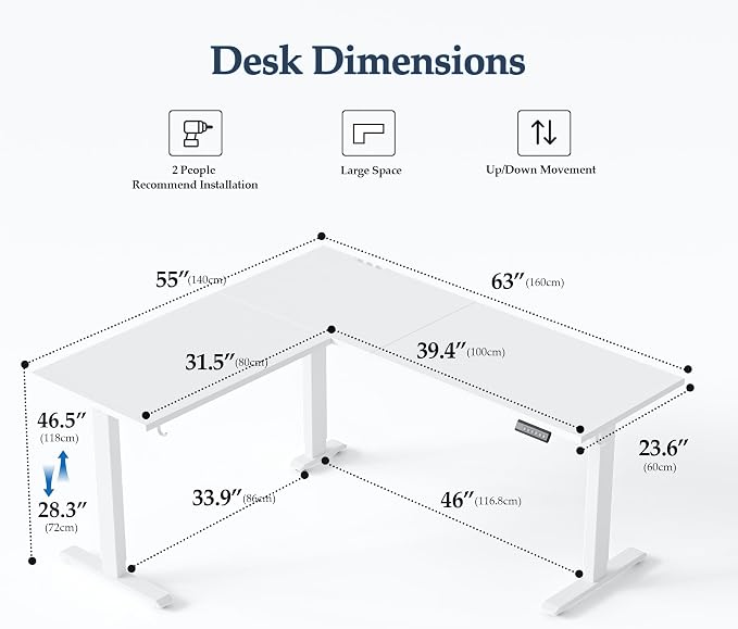 Klicelor L Shaped Standing Desk 63 x 55 Inch, Electric Height Adjustable Corner Desk for Home Office Workstation, Ergonomic Sit Stand Computer Table with Memory Controller, White
