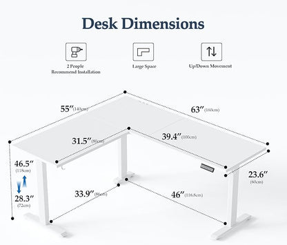 Klicelor L Shaped Standing Desk 63 x 55 Inch, Electric Height Adjustable Corner Desk for Home Office Workstation, Ergonomic Sit Stand Computer Table with Memory Controller, White