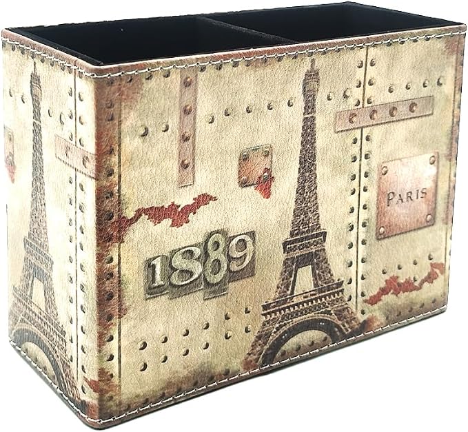 Pen Holder, Rectangle Vintage Pencil Holder with 2 Compartments, PU Leather Art Remote Control Holder Organizer Storage for Desk Accessory (1889 Tower)