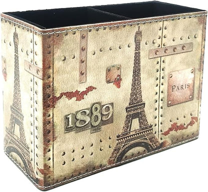 Pen Holder, Rectangle Vintage Pencil Holder with 2 Compartments, PU Leather Art Remote Control Holder Organizer Storage for Desk Accessory (1889 Tower)