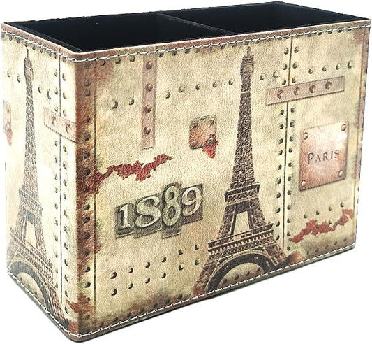 Pen Holder, Rectangle Vintage Pencil Holder with 2 Compartments, PU Leather Art Remote Control Holder Organizer Storage for Desk Accessory (1889 Tower)