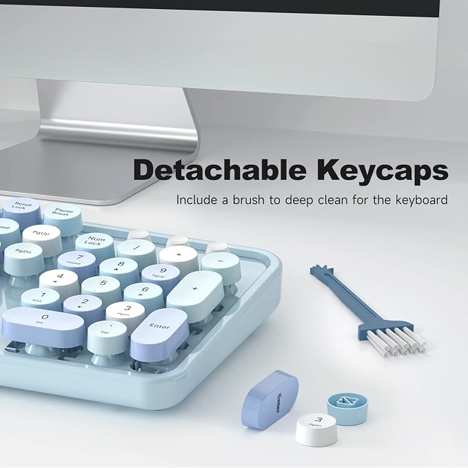 MOWUX Computer Keyboard Wired, Plug and Play USB Retro Round Typewriter Keyboard, Full Size Wired Keyboard with Foldable Stands for Laptop and Office PC- Blue Colorful