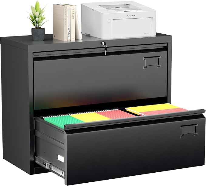 Greenvelly 2 Drawer Filing Cabinet, Black Lateral File Cabinet with Lock, Metal File Cabinets with Adjustable Hanging Bars&2 Keys, Locking File Cabinet for Home Office, Legal/F4/Letter, Etc