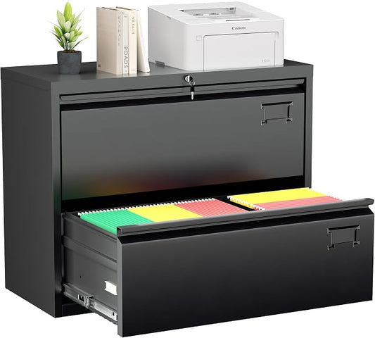 Greenvelly 2 Drawer Filing Cabinet, Black Lateral File Cabinet with Lock, Metal File Cabinets with Adjustable Hanging Bars&2 Keys, Locking File Cabinet for Home Office, Legal/F4/Letter, Etc