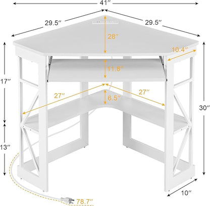 VECELO Corner Desk, Triangle Computer Desk for Small Space with Charging Station and Keyboard Tray, Corner Makeup Table with Storage Shelves for Home Office Bedroom, 41x30, White