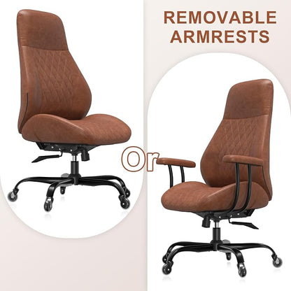 E-Ser Leather Desk Chair, Mid Century Modern Office Chair, Brown | Lumbar Support, Ergonomic, 360° Swivel, Rubber Rolling Wheels, Adjustable Height, for Adults