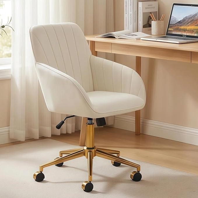 Velvet Home Office Desk Chair, Modern Cute Computer Task Chair with Back, Height Adjustable Upholstered Vanity Chair with Swivel Wheels for Women, Girls (Gold Base, Cream